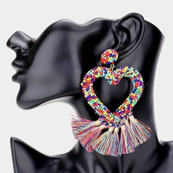 Seed Bead Heart Multi Tassel Earrings - Picture 1 of 5